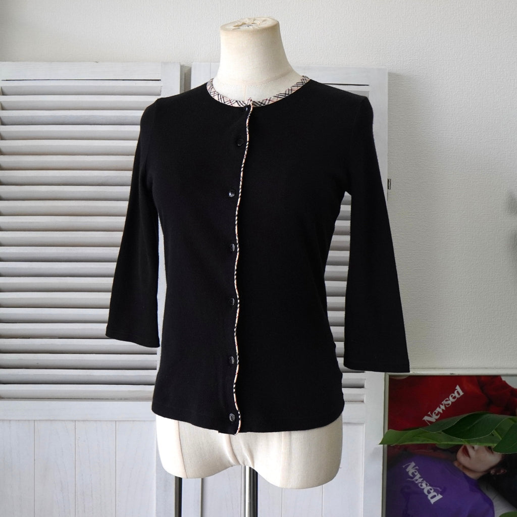 バーバリー ブルーレーベル ホースロゴ 刺繍 ノバチェック 七分袖 カーディガン ブラック レディース