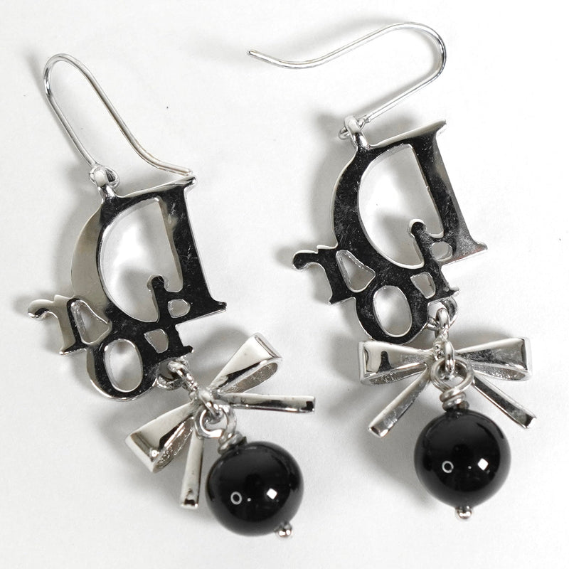 クリスチャン ディオール ロゴ ラインストーン リボン ピアス シルバー / ブラック - NEWSED