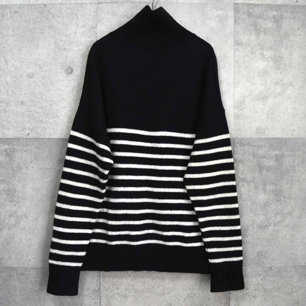 アミパリ アミ パリス ハートロゴ ボーダー タートルネック ニット ブラック / ホワイト - NEWSED