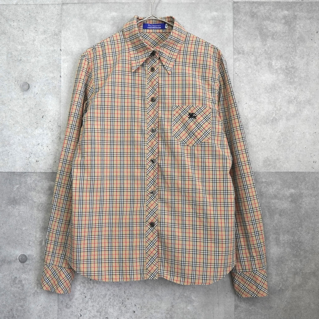 バーバリーズ ブルーレーベル ホースロゴ 刺繍 ノバチェック 長袖シャツ ベージュ レディース