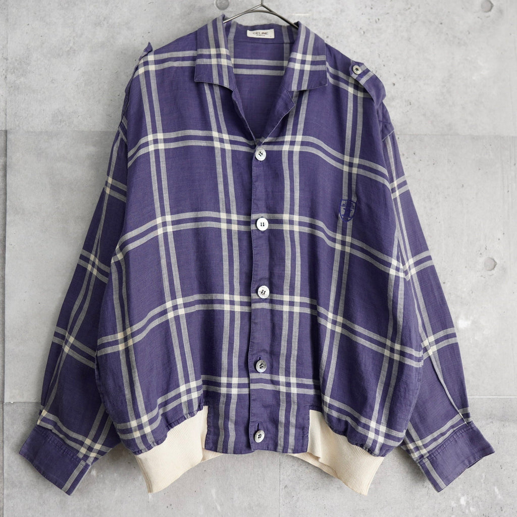 セリーヌ ヴィンテージ 長袖シャツ シャツジャケット ブルゾン トリオンフ 刺繍 チェック柄 パープル