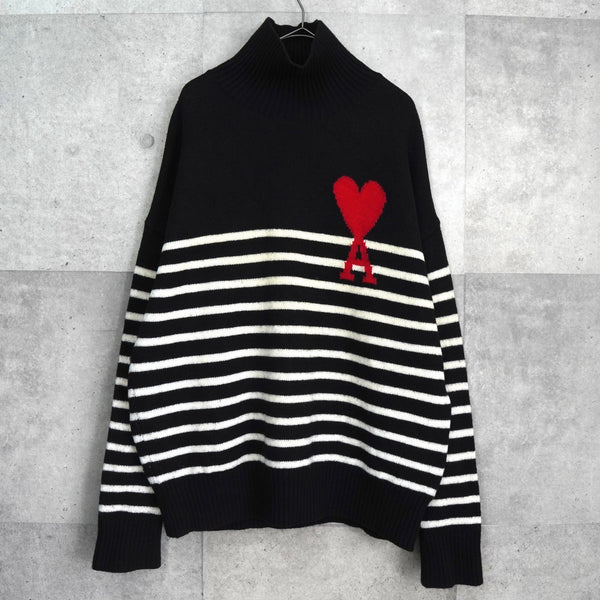 アミパリ アミ パリス ハートロゴ ボーダー タートルネック ニット ブラック / ホワイト - NEWSED