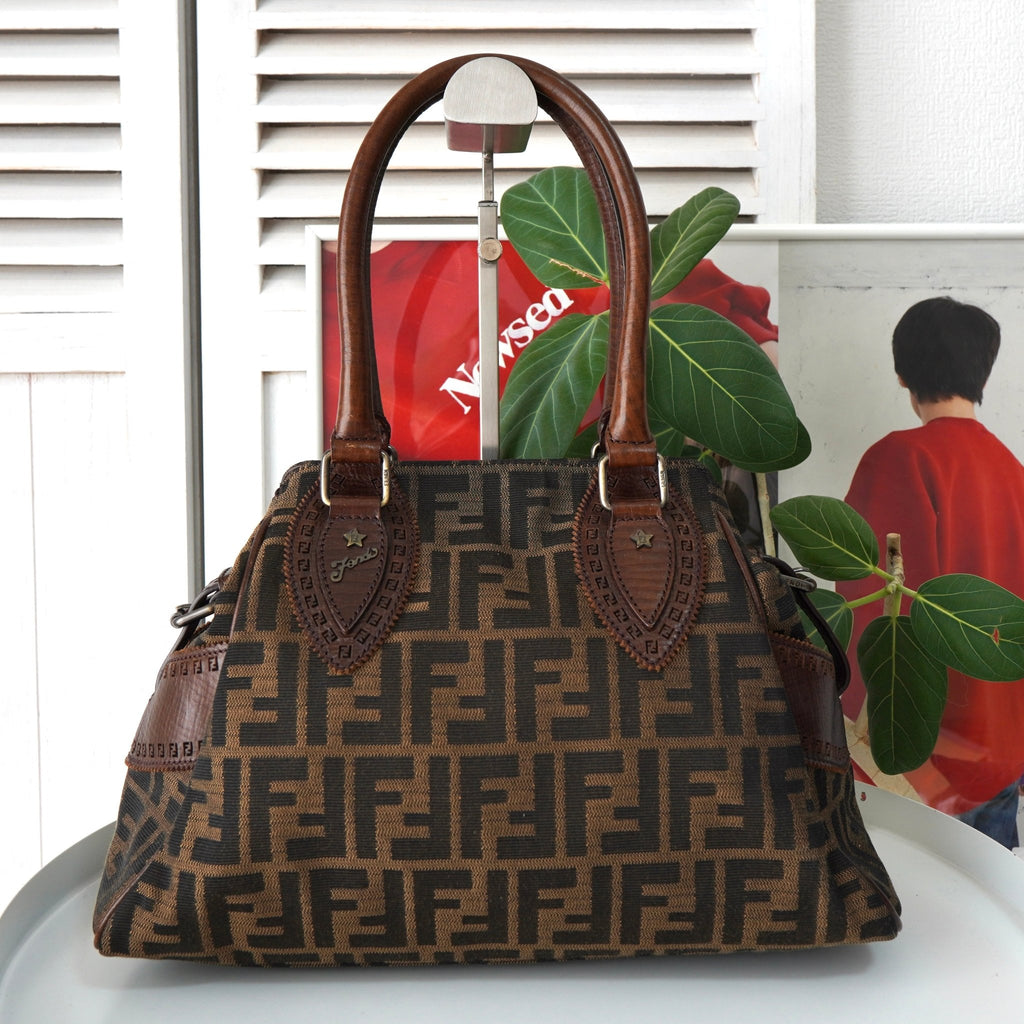 フェンディ エトニコ ズッカ柄 キャンバス/レザー ハンドバッグ ブラウン