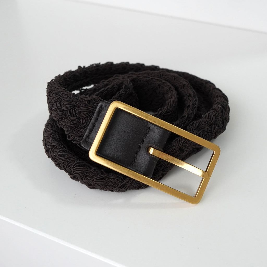 ボッテガ ヴェネタ 編み込み ナロー ベルト ゴールド / ダークブラウン