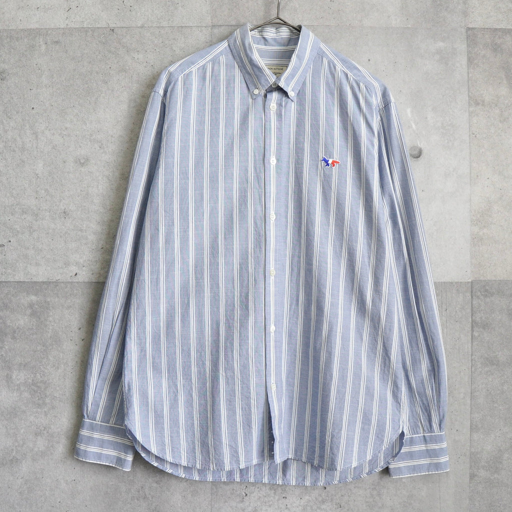 Maison Kitsune Tricolor Striped Long Sleeve Shirt in Blue