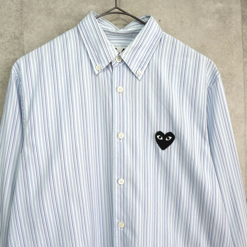 プレイ コムデギャルソン ハートロゴ ストライプ柄 長袖シャツ ブルー - NEWSED