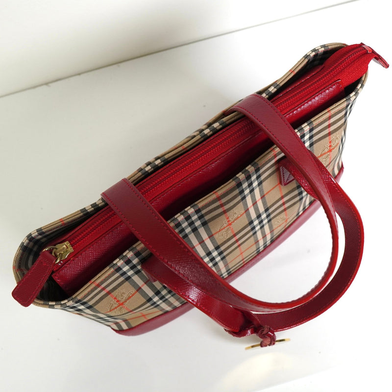 バーバリー ノバチェック ナイロンキャンバス / レザー ミニハンドバッグ ベージュ / レッド - NEWSED