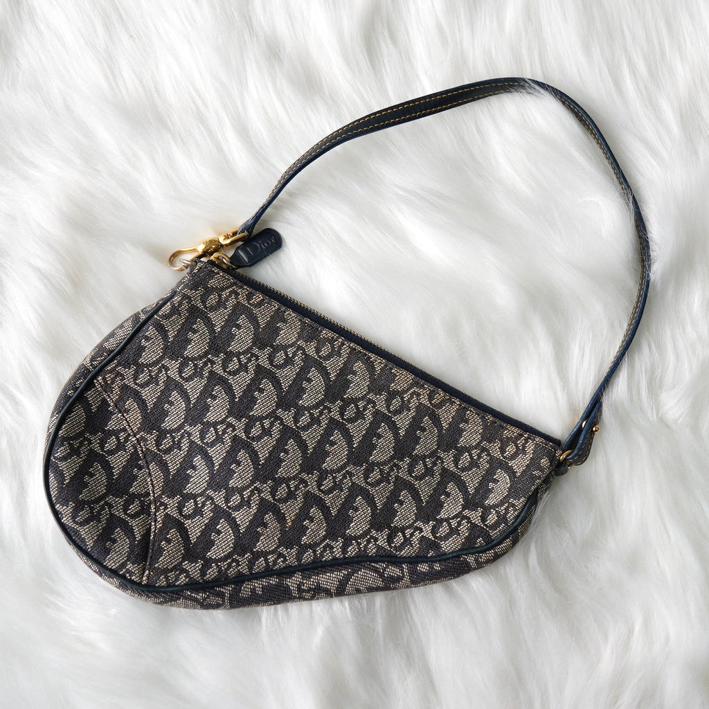 ディオール トロッター キャンバス / レザー サドルバッグ アクセサリーポーチ ハンドバッグ グレー / ネイビー