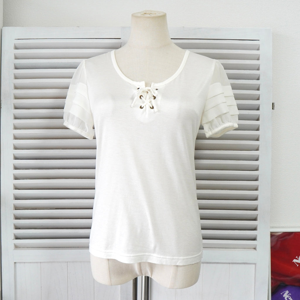 ソニア リキエル ドッキング レースアップ 袖フリル 半袖トップス ブラウス ホワイト