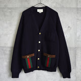 グッチ シェリーライン ウールブレンド ニット カーディガン 金ボタン ネイビー - NEWSED