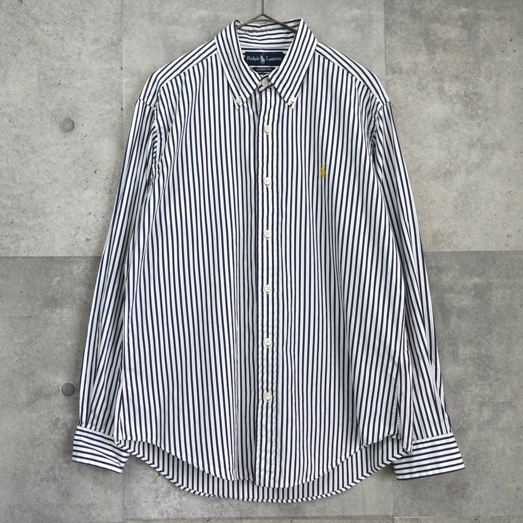 Ralph Lauren Logo Stripe Long Sleeve Shirt in Navy/White