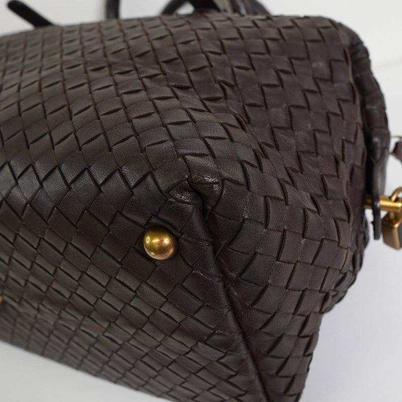 ボッテガ ヴェネタ イントレチャート レザー ミニボストンバッグ ハンドバッグ ブラウン - NEWSED