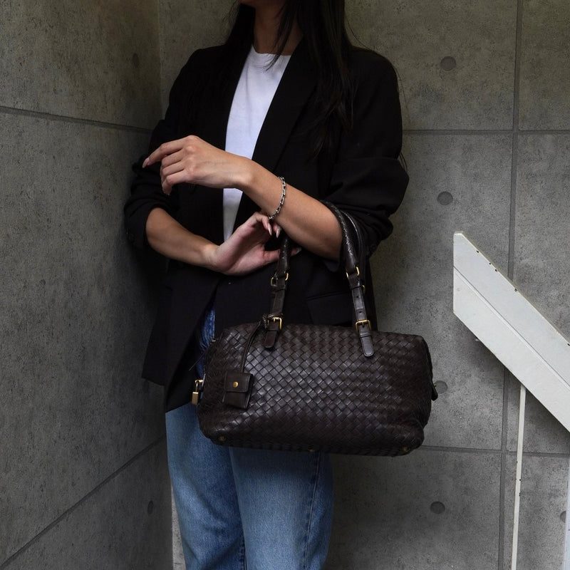 ボッテガ ヴェネタ イントレチャート レザー ミニボストンバッグ ハンドバッグ ブラウン - NEWSED