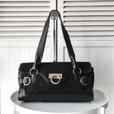 サルバトーレフェラガモ ガンチーニ ベロア調 キャンバス / レザー ハンドバッグ 肩掛け ブラック - NEWSED