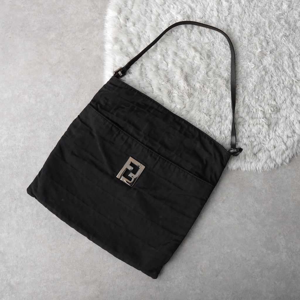Fendi Zucca Nylon Leather One Shoulder Bag Handbag Black