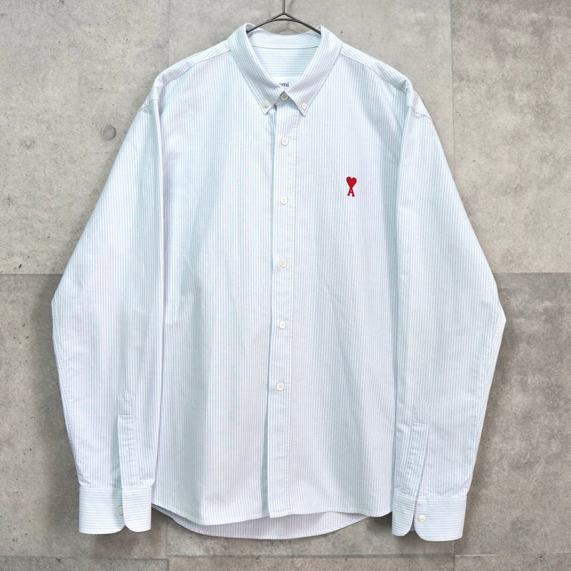 アミパリ アミ パリス ストライプ柄 ハートロゴ 長袖シャツ ブルー - NEWSED