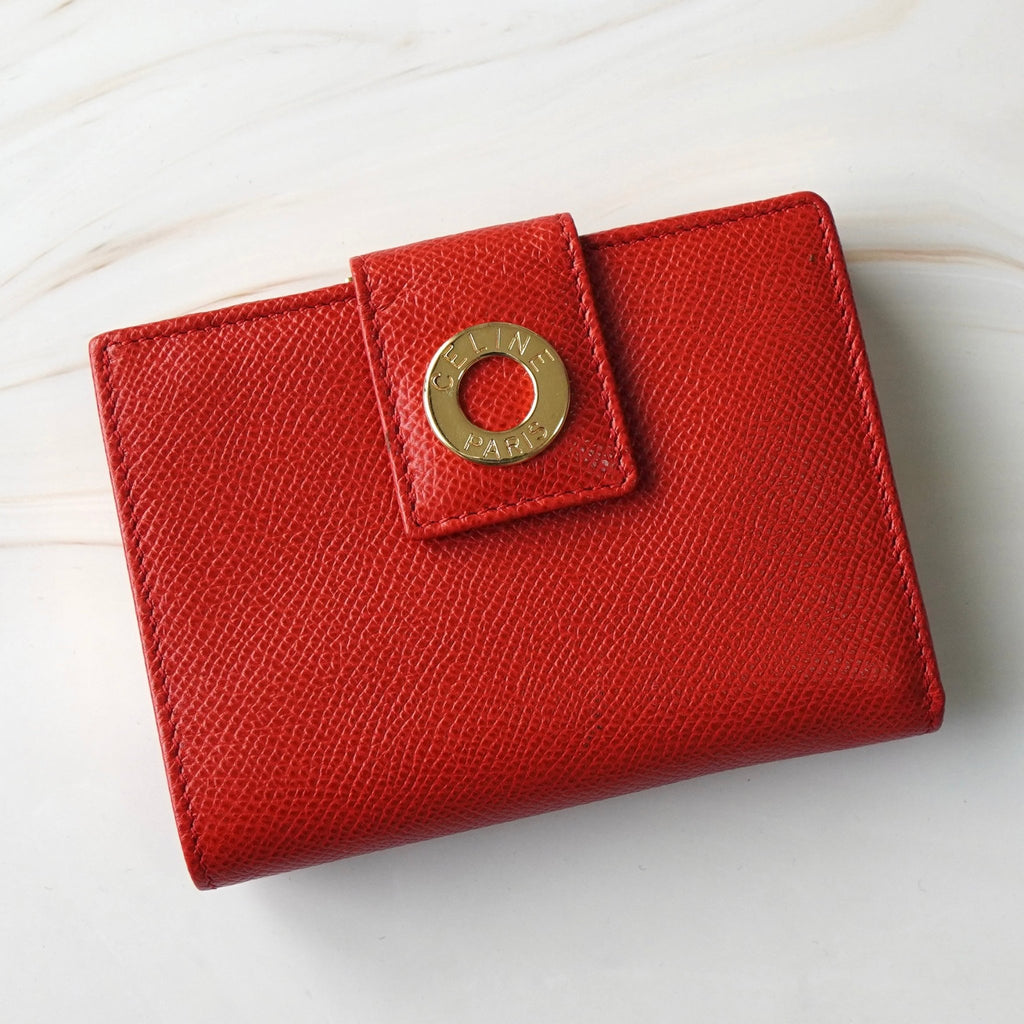 セリーヌ サークル金具 レザー 二つ折り財布 レッド