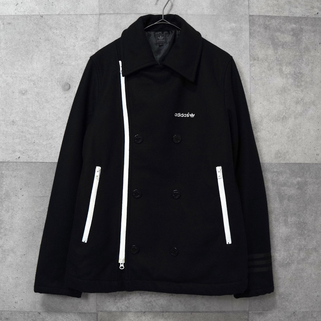 アディダス ロゴ ジッパー ウール ピーコート メンズ ブラック