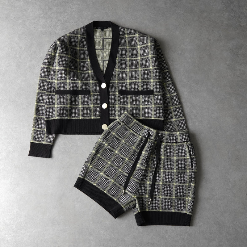 アルマーニ エクスチェンジ 千鳥格子柄 ニット セットアップ カーディガン ショートパンツ レディース グレー - NEWSED