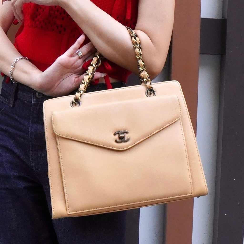 Chanel Coco Mark Lambskin Chain Tote Bag in Beige