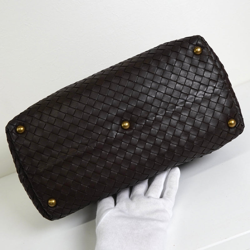 ボッテガ ヴェネタ イントレチャート レザー ミニボストンバッグ ハンドバッグ ブラウン - NEWSED