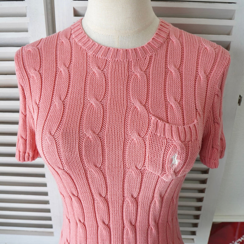 ポロ ラルフローレン ケーブル編み ロゴ 刺繍 半袖ニット ピンク レディース - NEWSED