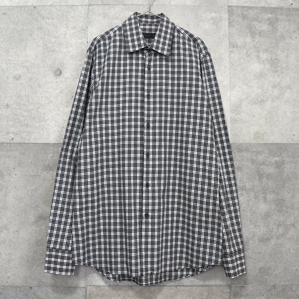 プラダ ギンガムチェック柄 長袖シャツ フォーマル メンズ ブラック / ホワイト