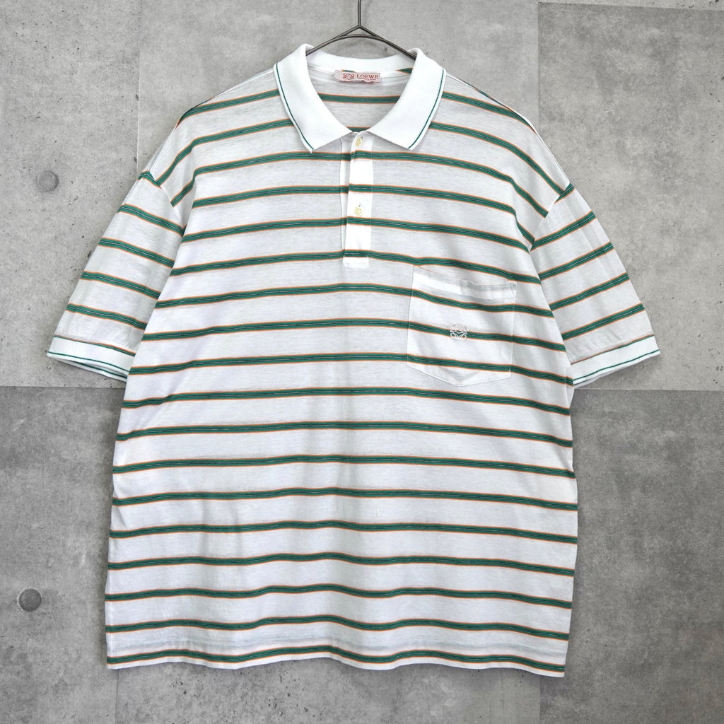 ロエベ ヴィンテージ アナグラム 刺繍 ボーダー柄 半袖ポロシャツ ホワイト × グリーン