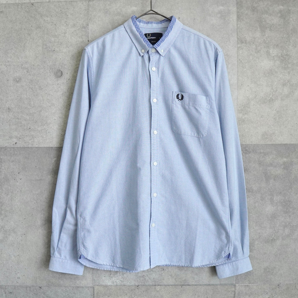 Fred Perry logo embroidered check pattern long sleeve shirt in blue