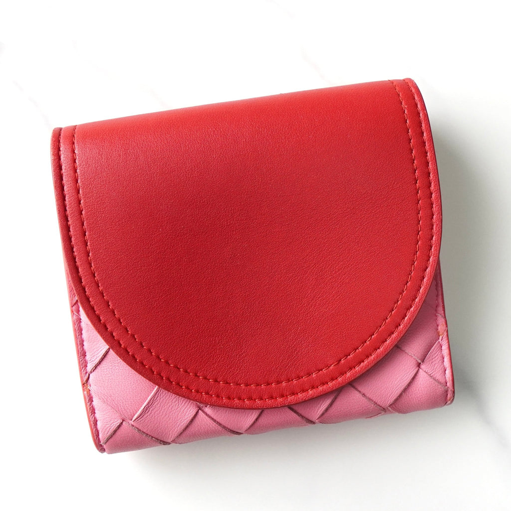 ボッテガ ヴェネタ イントレチャート レザー バイカラー 二つ折り財布 ピンク / レッド