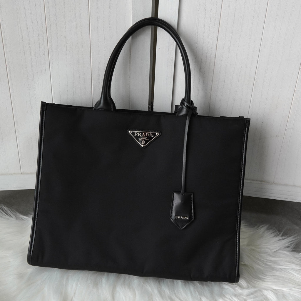 Prada Pocono Tessuto 黑色尼龙/皮革三角板托特包