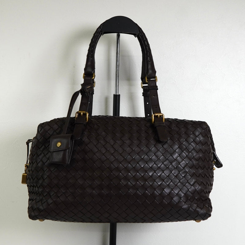 ボッテガ ヴェネタ イントレチャート レザー ミニボストンバッグ ハンドバッグ ブラウン - NEWSED