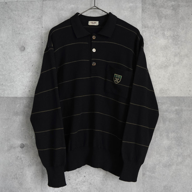 セリーヌ ヴィンテージ ボーダー柄 トリオンフ ワッペン 金ボタン シルク混紡 ポロニット ブラック - NEWSED