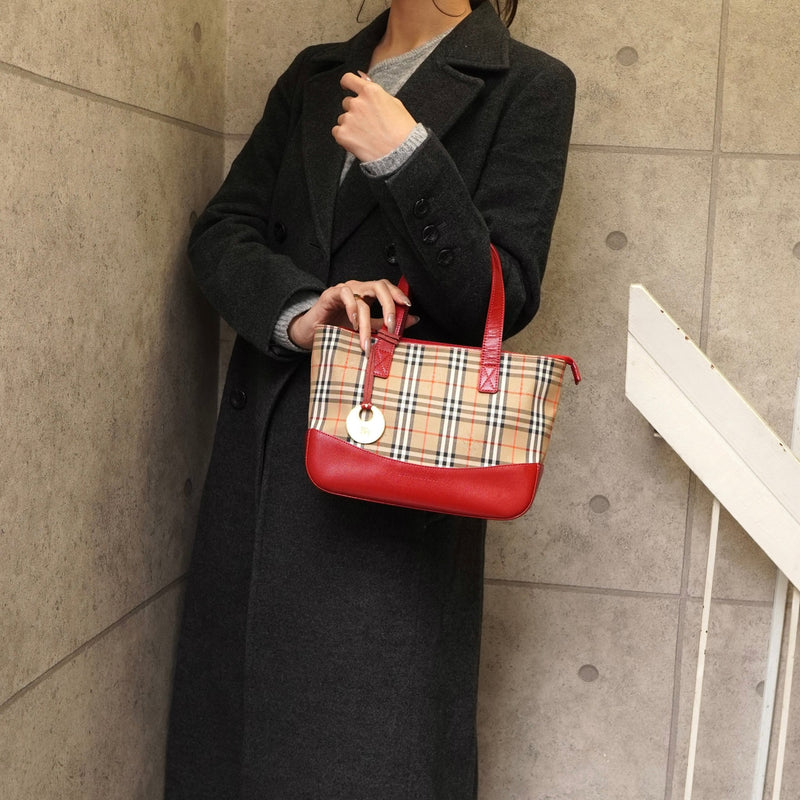 バーバリー ノバチェック ナイロンキャンバス / レザー ミニハンドバッグ ベージュ / レッド - NEWSED