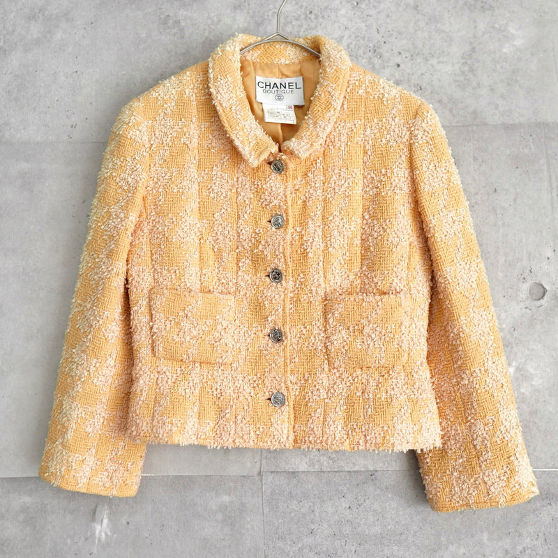 シャネル ヴィンテージ ココマーク メタルボタン ツイードジャケット オレンジ イエロー - NEWSED