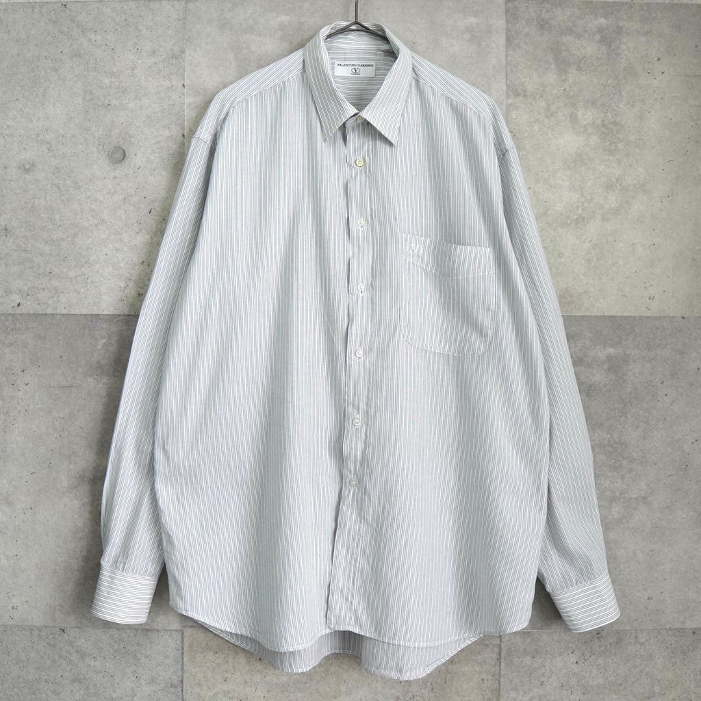 バレンティノ ガラヴァーニ ヴィンテージ ストライプ柄 ロゴ 刺繍 長袖シャツ グレー