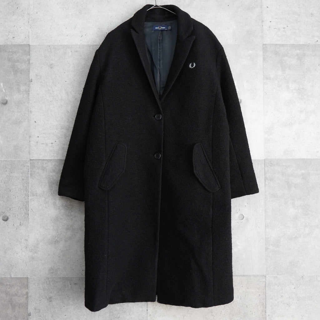 Fred Perry Logo Embroidered Brushed Long Coat Cocoon Coat Chester Coat Black