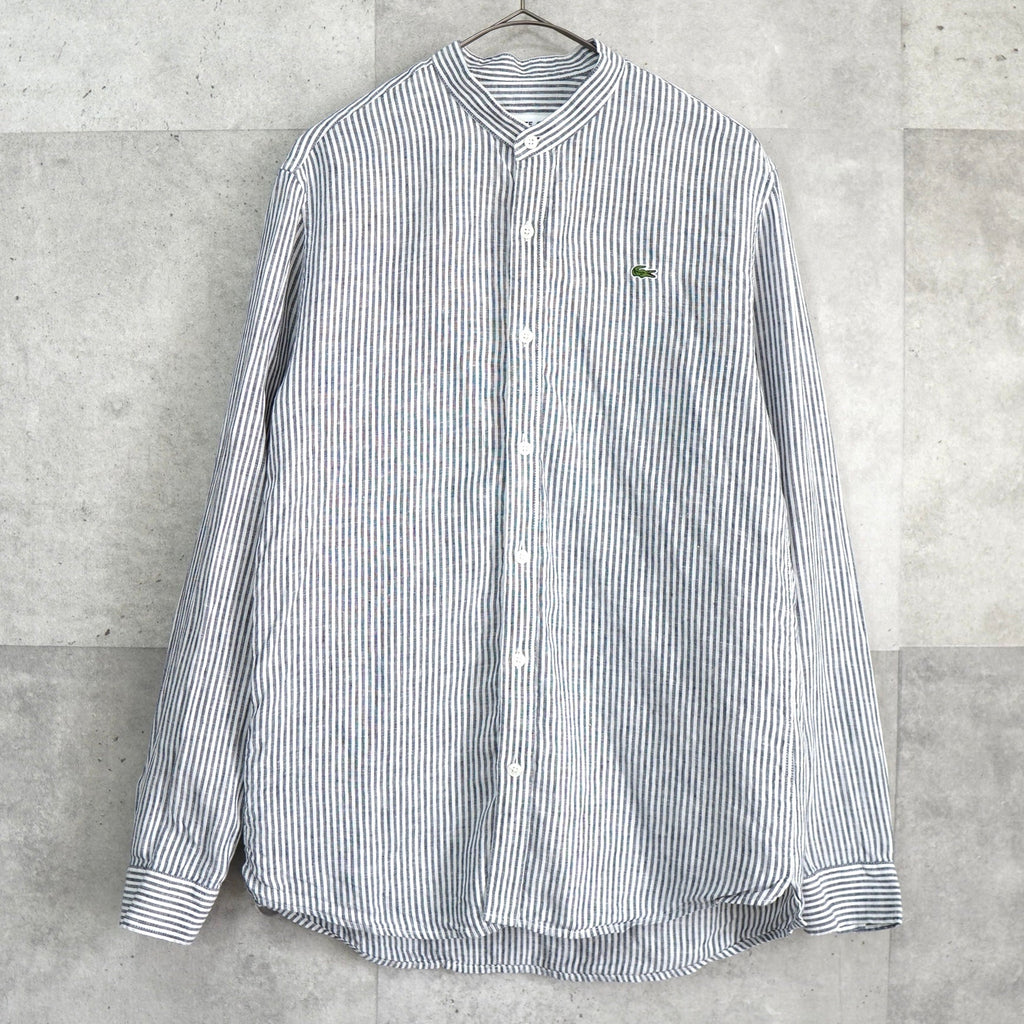 Lacoste 徽标贴片毛领条纹长袖衬衫（灰色）