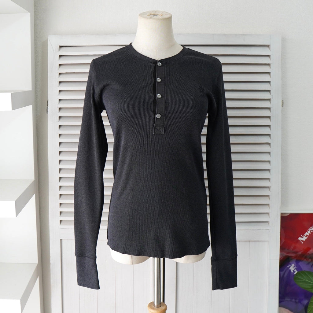 Polo Ralph Lauren logo henley neck long sleeve cut and sew grey ladies