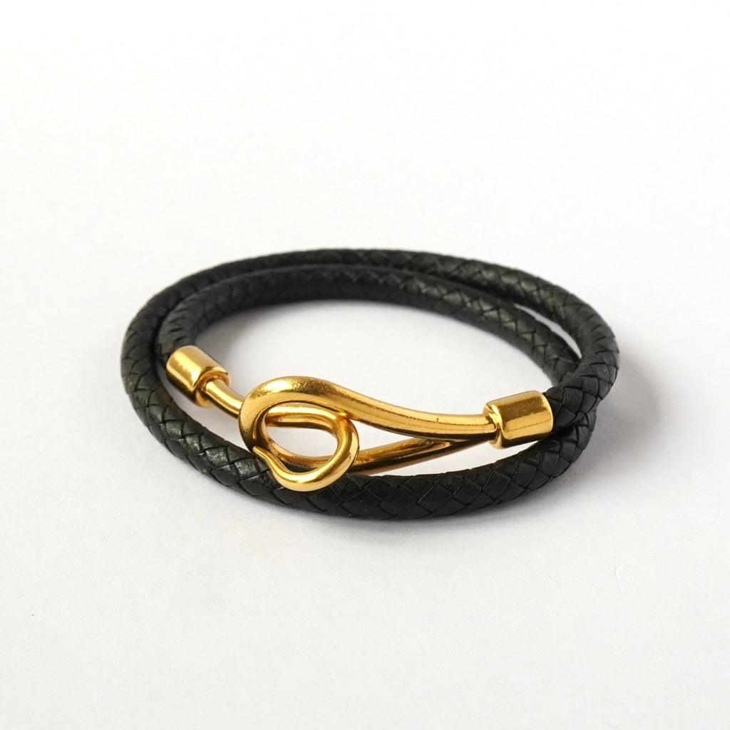 エルメス ジャンボ 編み込み レザー ブレスレット ブラック / ゴールド