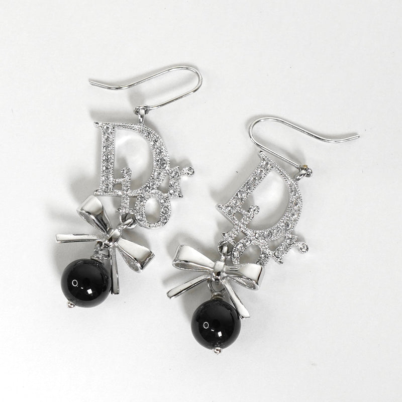 クリスチャン ディオール ロゴ ラインストーン リボン ピアス シルバー / ブラック - NEWSED