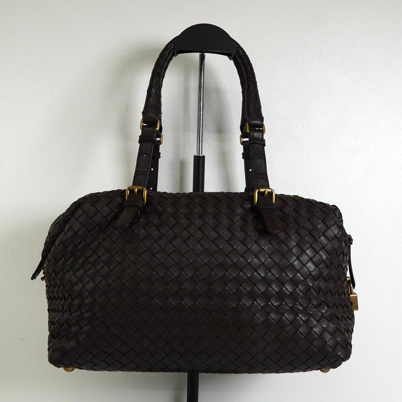 ボッテガ ヴェネタ イントレチャート レザー ミニボストンバッグ ハンドバッグ ブラウン - NEWSED