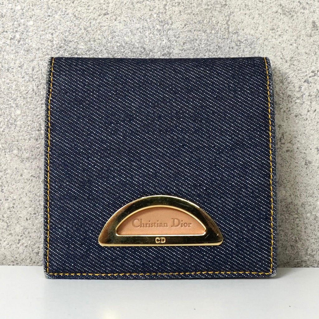 クリスチャン ディオール ロゴ デニム / レザー 二つ折り財布 ブルー / ベージュ