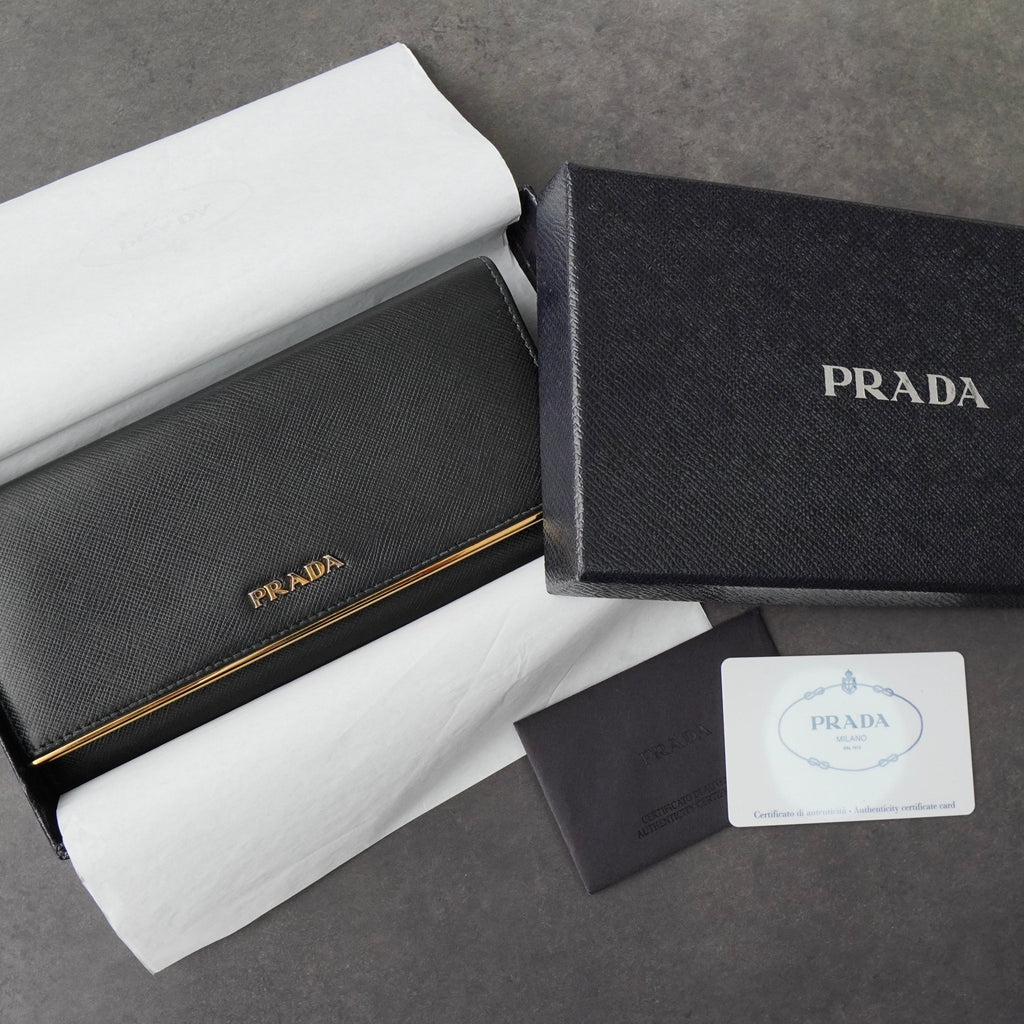 Prada Saffiano Leather Bi-fold Long Wallet Gold Black Guarantee Card Box Included