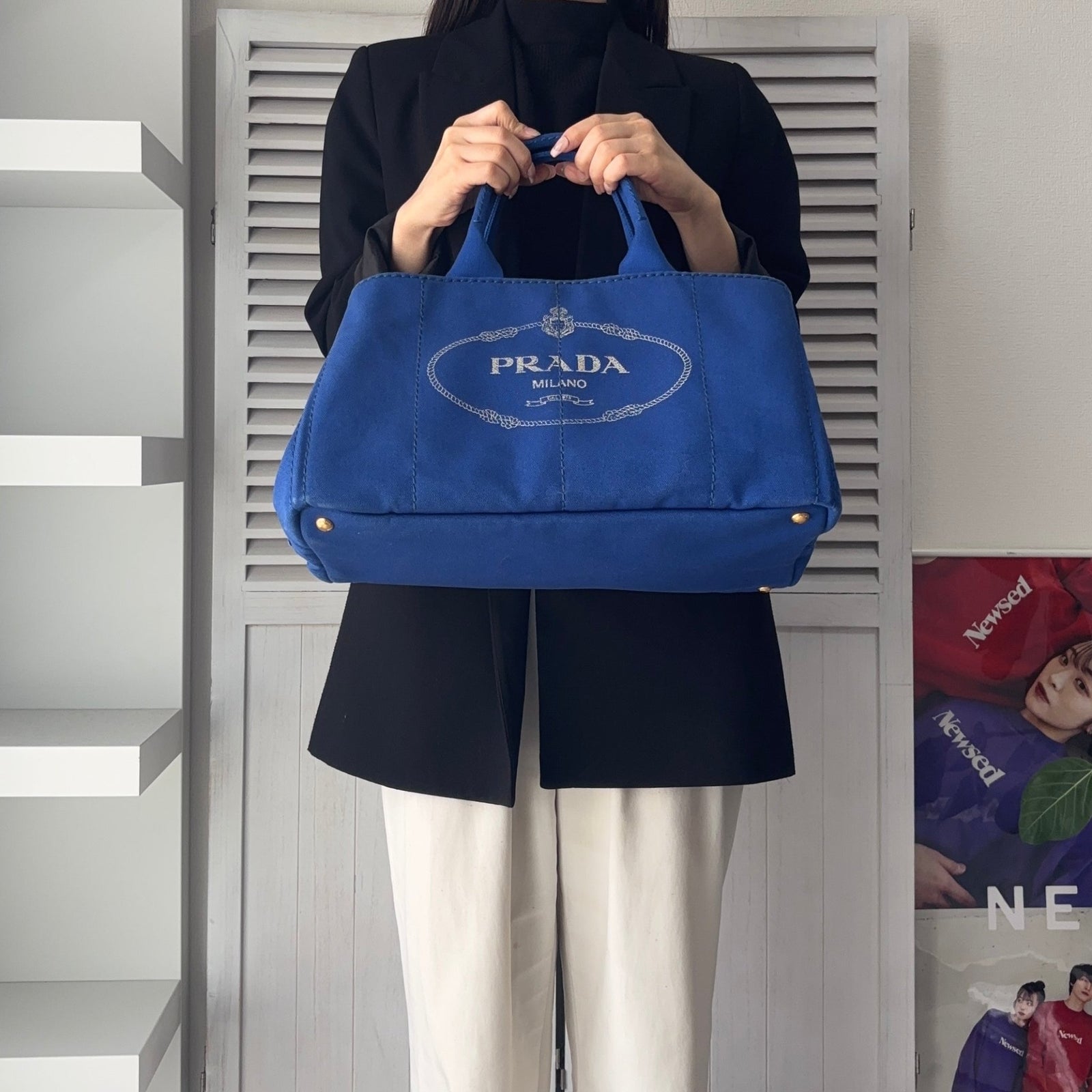 プラダ カナパ キャンバス ハンドバッグ ブルー ギャランティーカード 