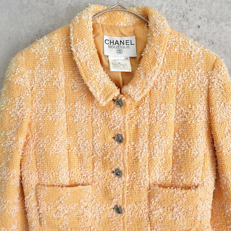 シャネル ヴィンテージ ココマーク メタルボタン ツイードジャケット オレンジ イエロー - NEWSED