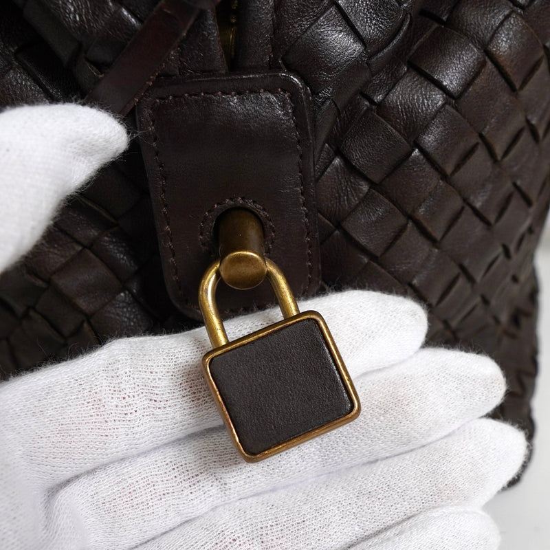 ボッテガ ヴェネタ イントレチャート レザー ミニボストンバッグ ハンドバッグ ブラウン - NEWSED