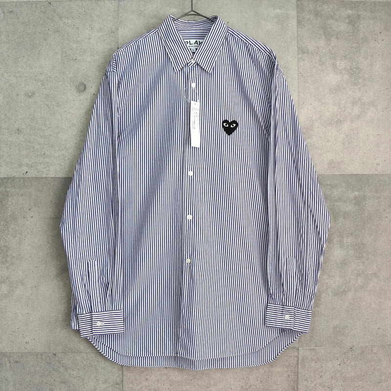 プレイ コムデギャルソン ハートロゴ ストライプ柄 長袖シャツ ネイビー タグ付き未使用品 - NEWSED