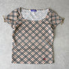 Burberry Blue Label Horse Logo Embroidered Nova Check Ribbon Short Sleeve Top Beige Women's