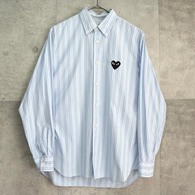 プレイ コムデギャルソン ハートロゴ ストライプ柄 長袖シャツ ブルー - NEWSED